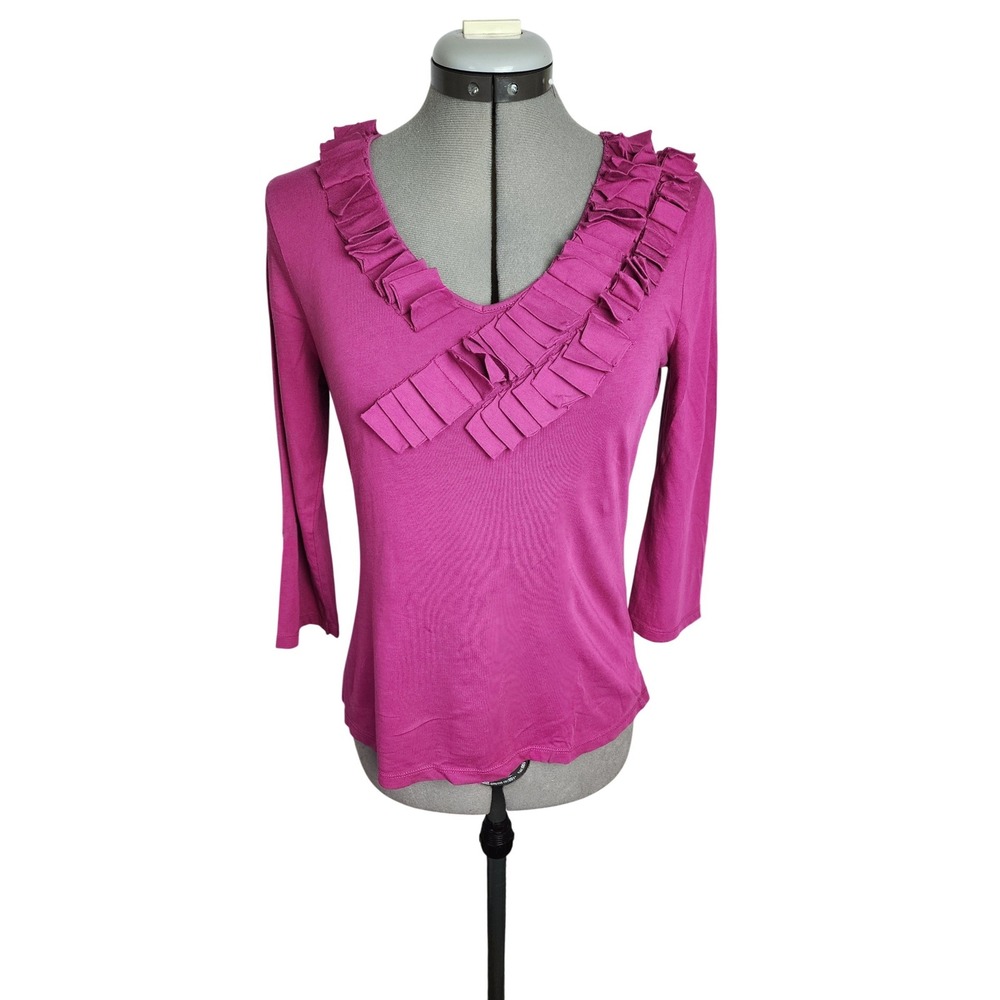 Garnet Hill Magenta Pink Ruffle V-Neck 3/4 Sleeve Knit Top Small
